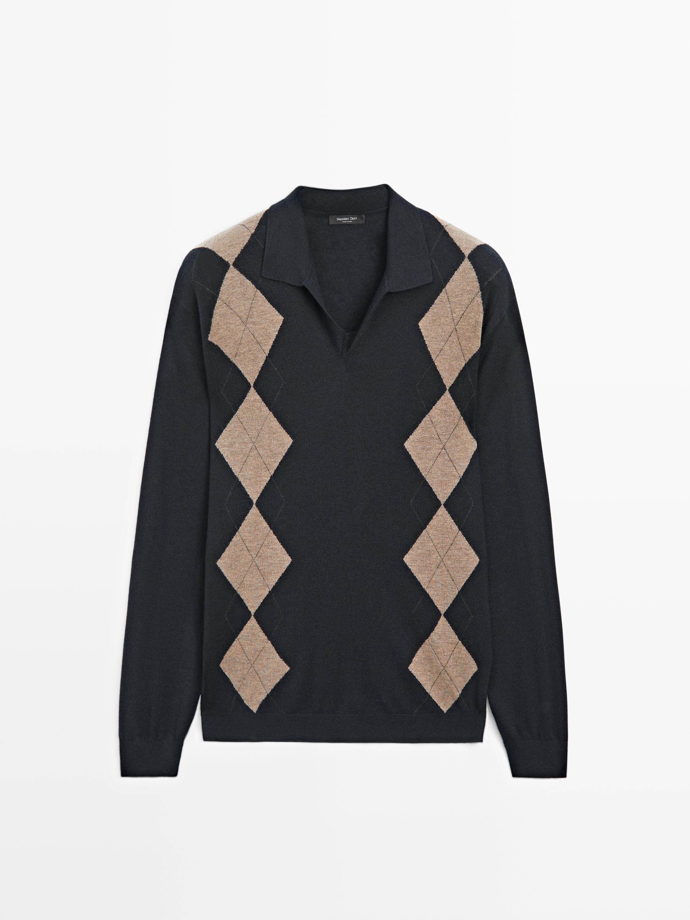 Pull polo laine en maille à losanges